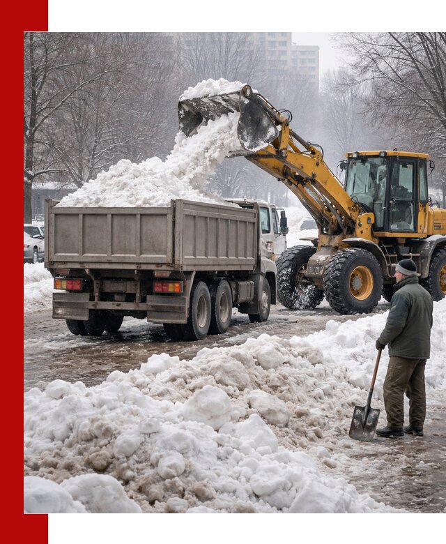 Вывоз снега грузовой техникой в Осинниках оперативно и чисто