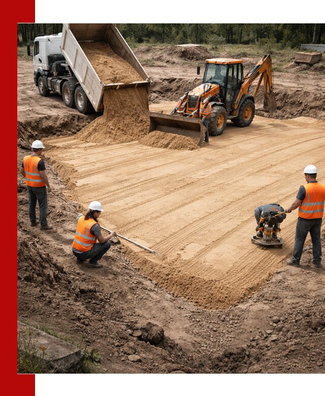 Устройство песчаной подушки для фундаментов и дорог в Осинниках